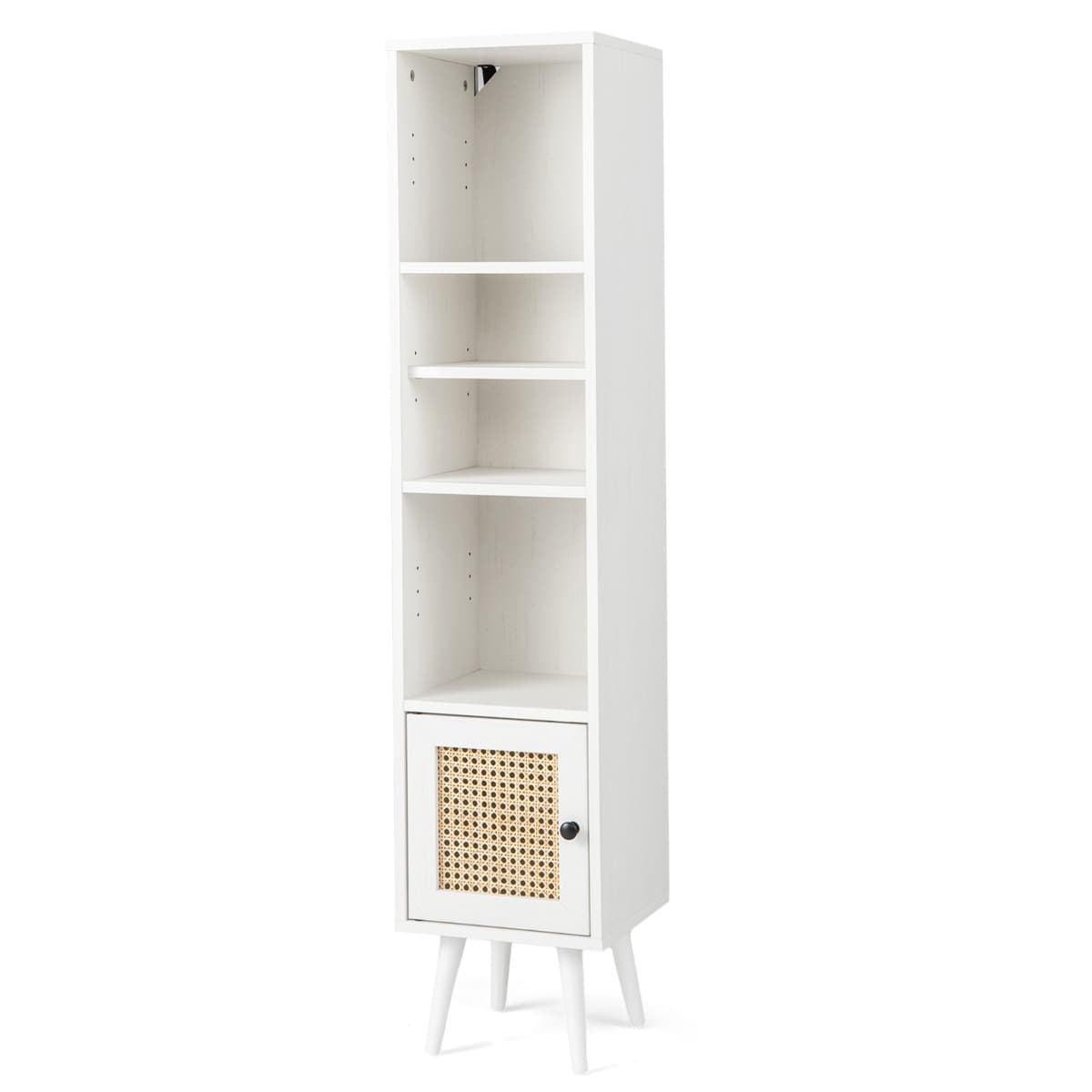 CostwayMeuble Colonne de Rangement avec Porte Rotin et Pieds en Bois Massif Meuble de Salle de Bain Étagère Réglable 29,5x29,5x137cm Blanc