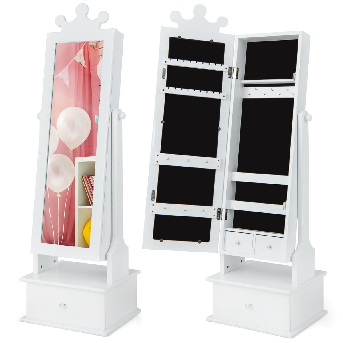 Costway2 en 1 Armoire à Bijoux Enfants avec Miroir Organisateur à Bijoux en Forme Couronne avec 3 Tiroirs pour Enfants de 3 Ans+ Charge 10kg