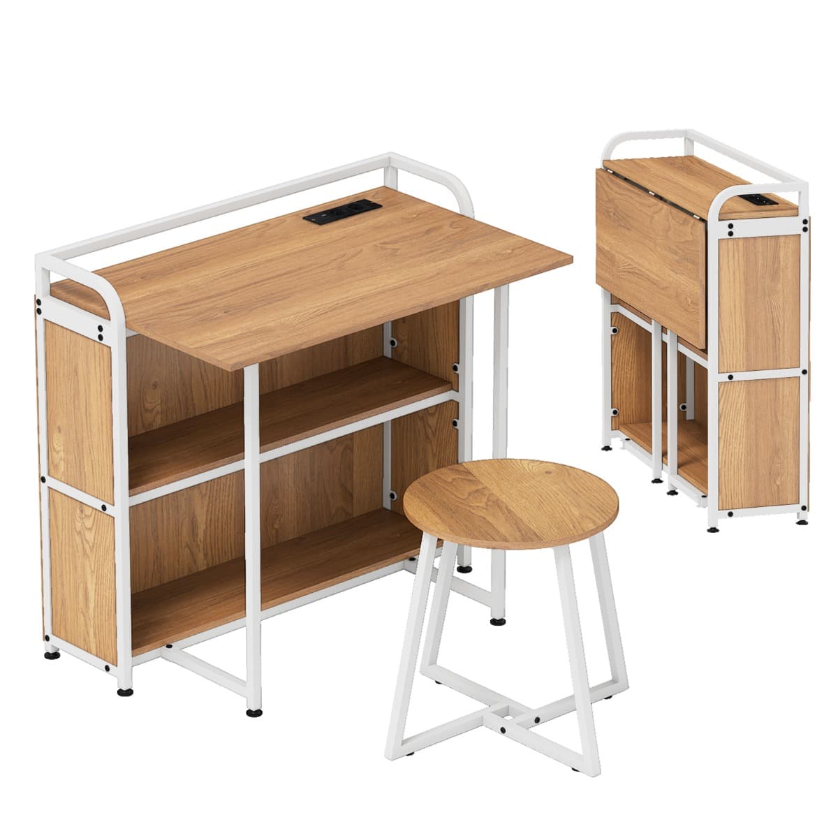 CostwayBureau Pliable avec Tabouret Ensemble de Bureau et Tabouret Portable avec Étagères de Rangement Prises AC Port USB & Type-C Naturel