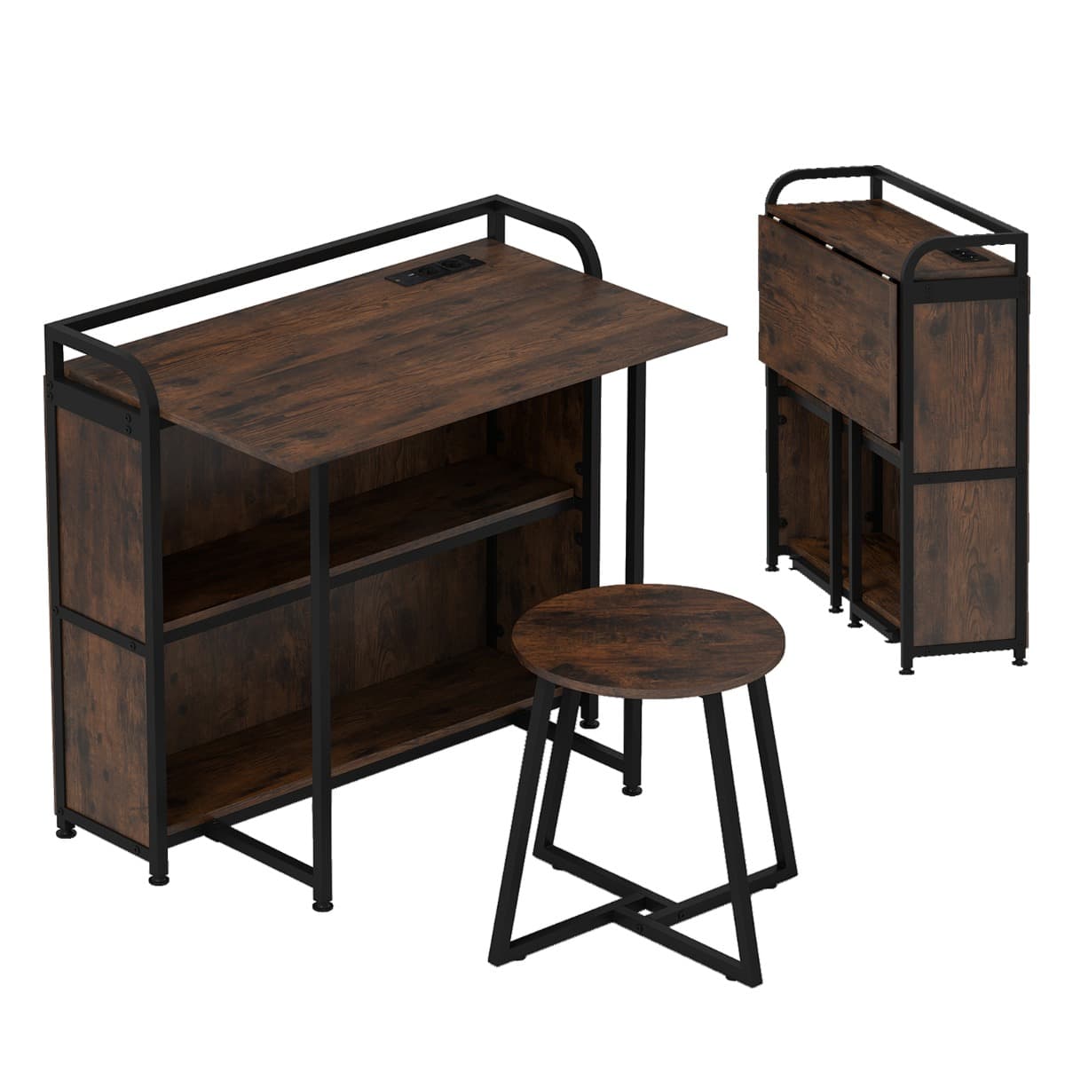 CostwayBureau Pliable avec Tabouret Ensemble de Bureau et Tabouret Portable avec Étagères de Rangement Prises AC Port USB & Type-C Brun Rustique