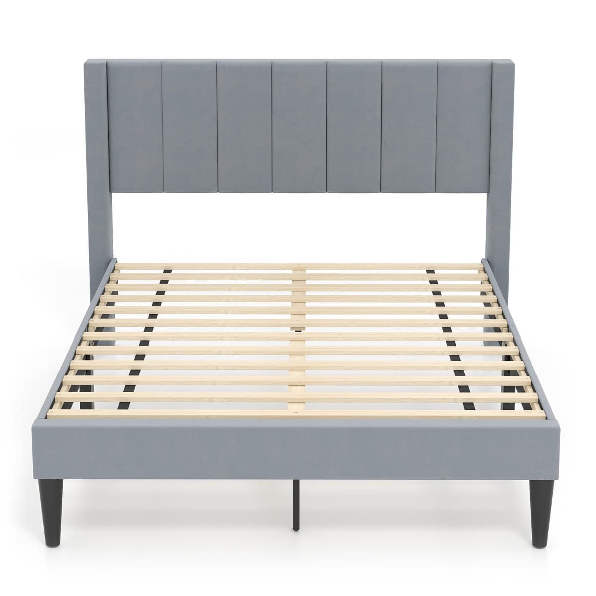 CostwayCadre de Lit Double Sommier Tissu Velouté avec Tête de Lit Lattes en Bois Patins Réglables Pas de Sommier Nécessaire Charge 250kg Gris