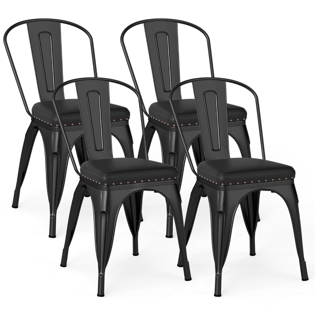 CostwaySet de 4 Chaises Empilables de Salle à Manger en Métal avec Dossier Amovible et Assise Rembourrée en Cuir Faux avec Capacité de 150kg Noir