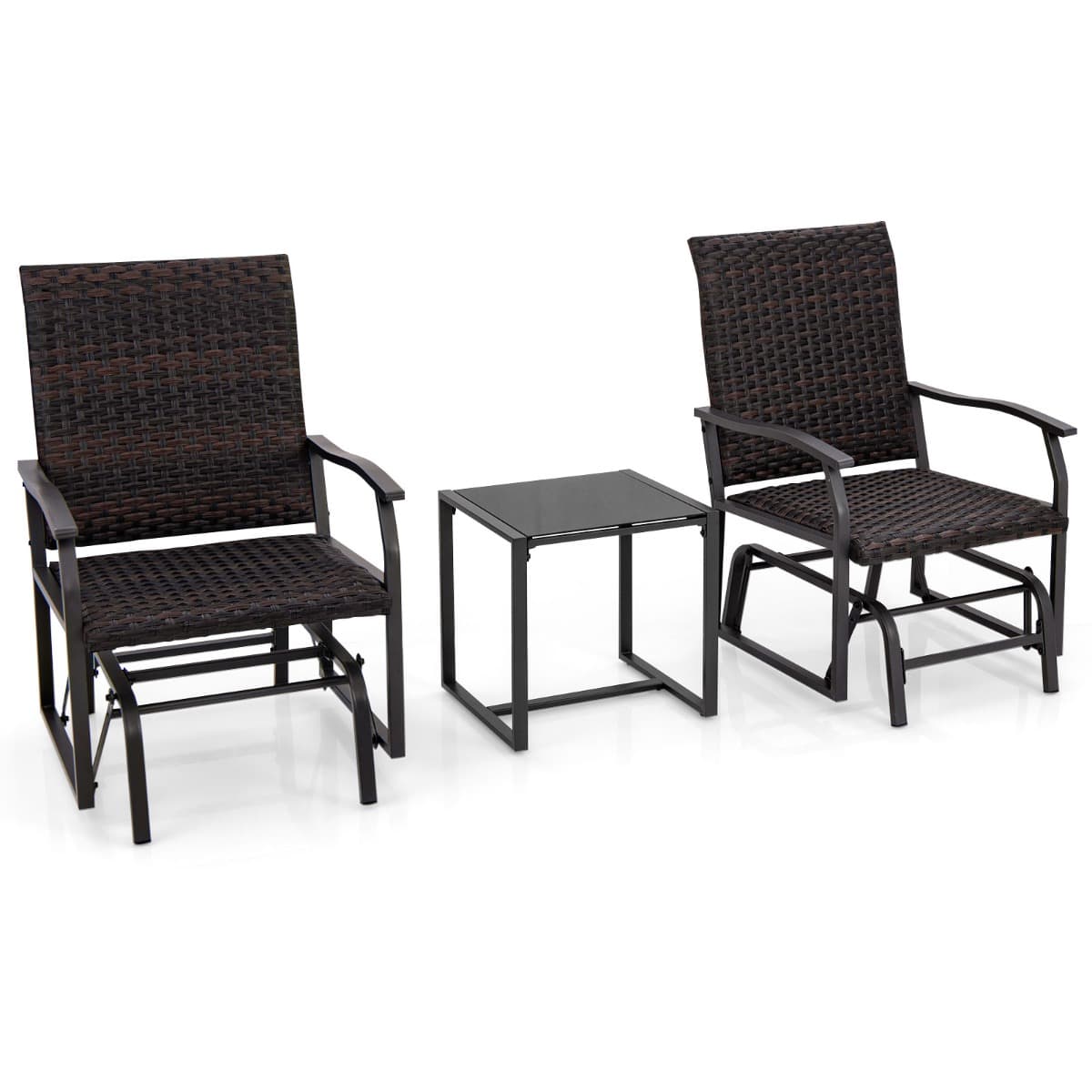 CostwayMeubles 3 Pièces de Patio Coulissants Charge 180KG Salon de Jardin 2 Fauteuils en Rotin avec Mousse à Séchage Rapide en Verre Trempé Marron
