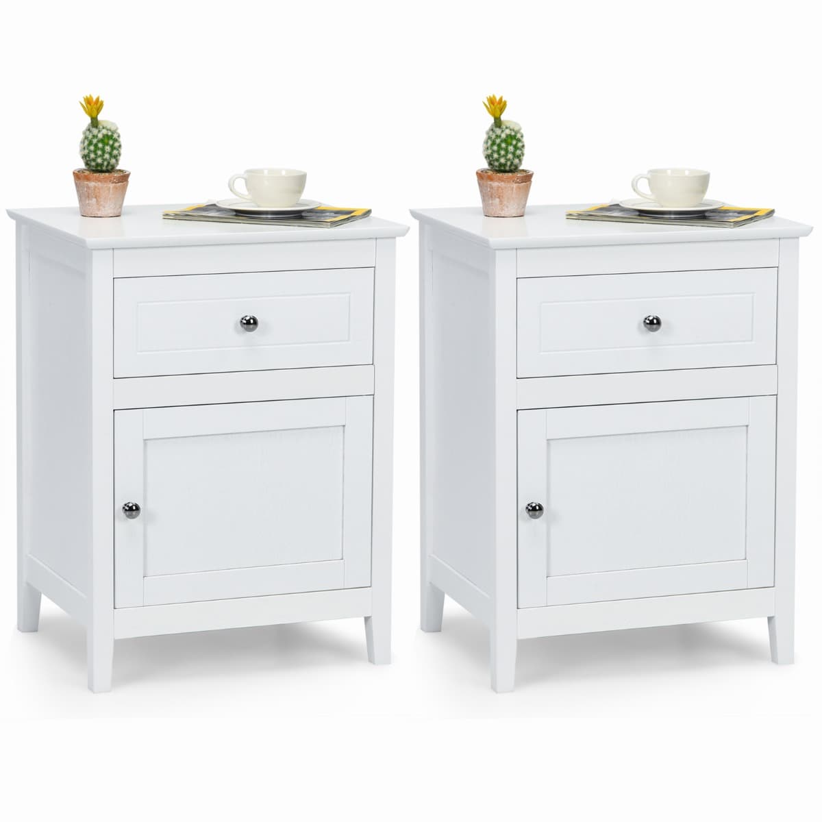 CostwayLot de 2 Tables de Chevet avec Tiroir et Grand Placard 48 x 38 x 63,5 CM (L×l×H) 2 Tables de Nuit avec Pieds en Bois Massif Blanc