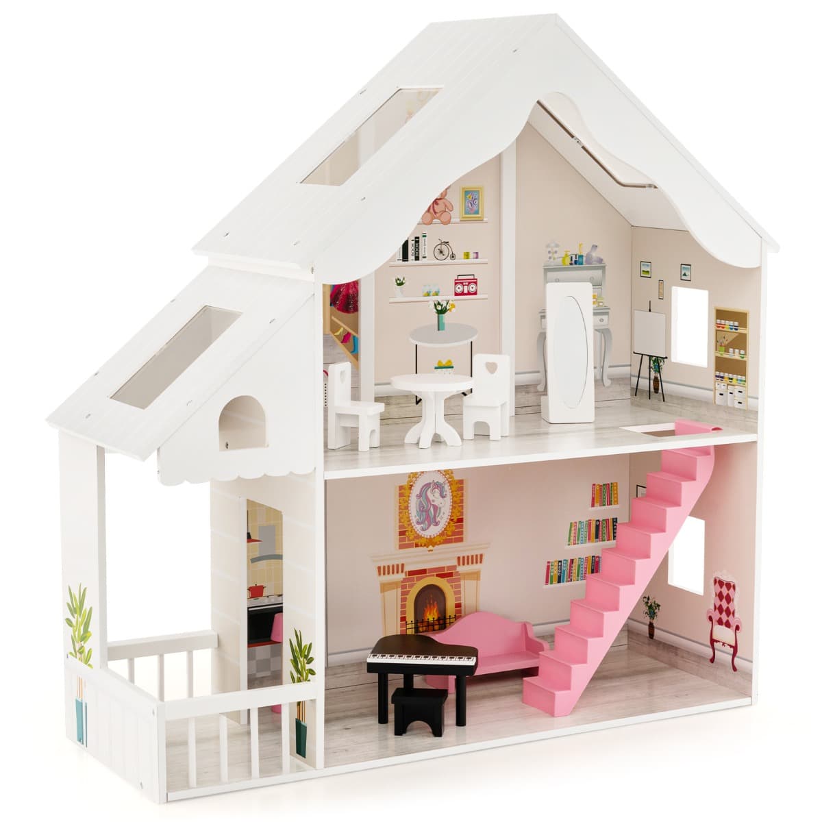 CostwayMaison de Poupée Semi-ouverte en Bois à Monter Soi-même Pièces et Meubles Simulés 2 Grandes Lucarnes pour Les 3 Ans et Plus 81*30*86cm Blanc