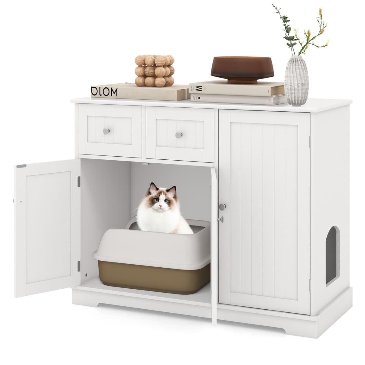 CostwayMeuble Pour Bac à Litière Caché avec Rangement Armoire pour Chat en Bois avec 3 Portes et 2 Tiroirs Kits Anti-basculement