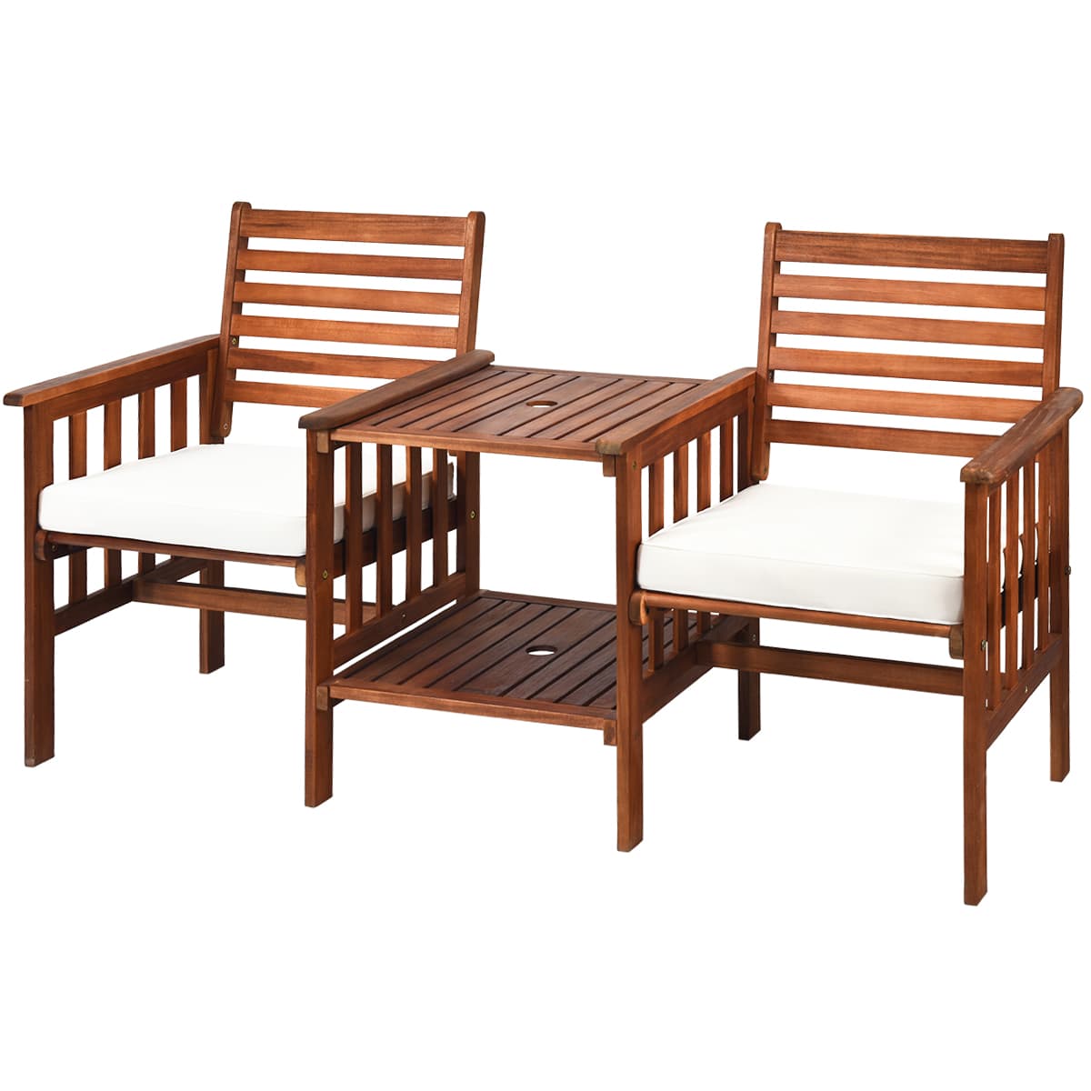 CostwaySalon de Jardin en Bois d’Acacia 2 Personnes Charge 160KG Ensemble de Meubles avec Table Basse 2 Chaises et Coussin Trou de Parasol de 5CM