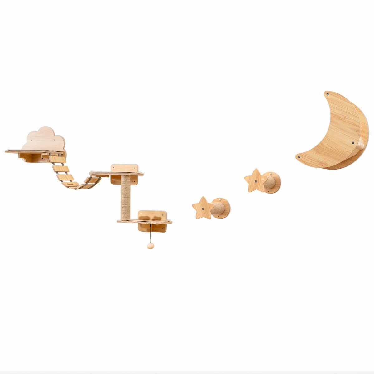 CostwayEnsemble de 6 Meubles Muraux pour Chat Étagères avec Hamac Pont Arbre à Chat à 2 Niveaux Plates-Formes Marches Poteaux à Griffer Beige