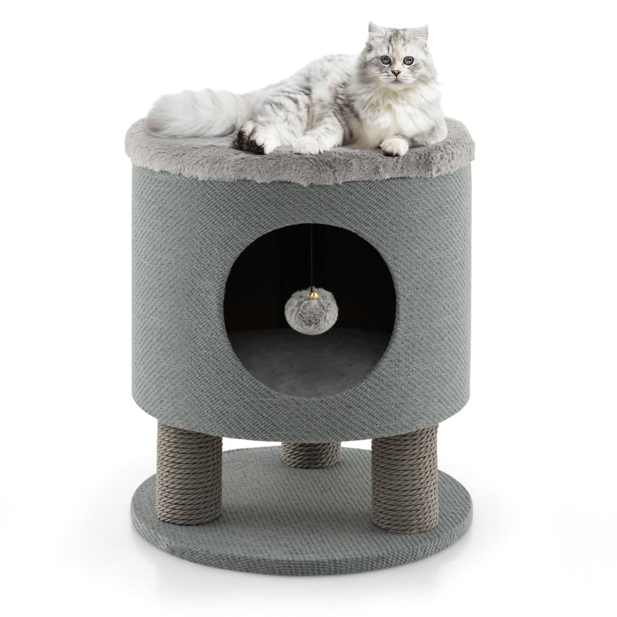 CostwayArbre à Chat 47 CM avec Condo et Poteaux Griffoir Charge 60 KG Tour de Jeux pour Chats avec Balle en Peluche Gris