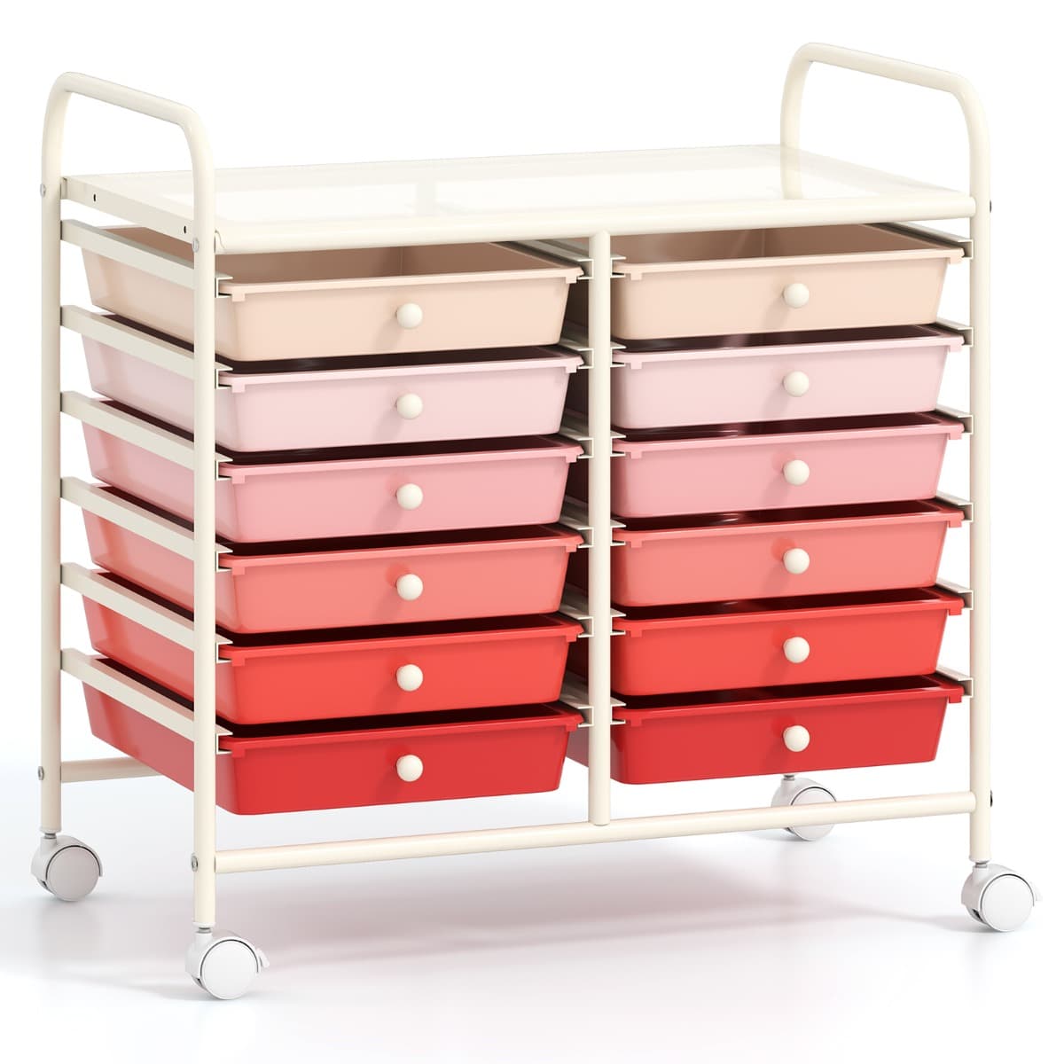 CostwayChariot de Rangement à roulettes 12 Tiroirs en PP Tour de Rangement avec Tablette Roues Universelles Cadre en Métal Rose Dégradé